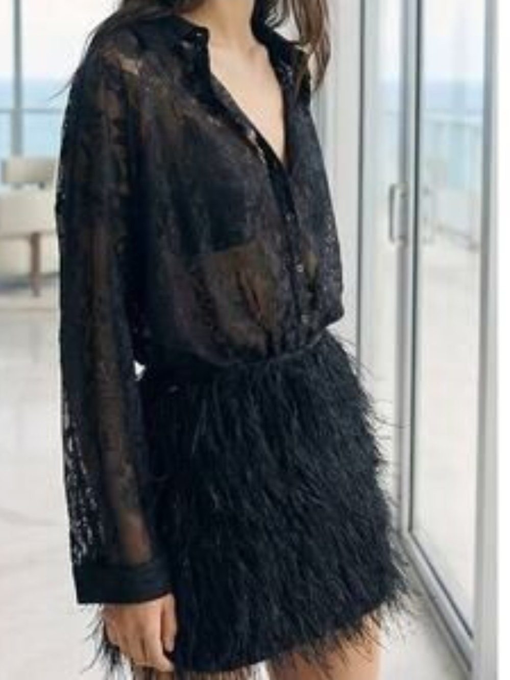 Anthropologie Maeve Fringe Twofer Long Sleeve Mini Shirt Dress Black  S New
